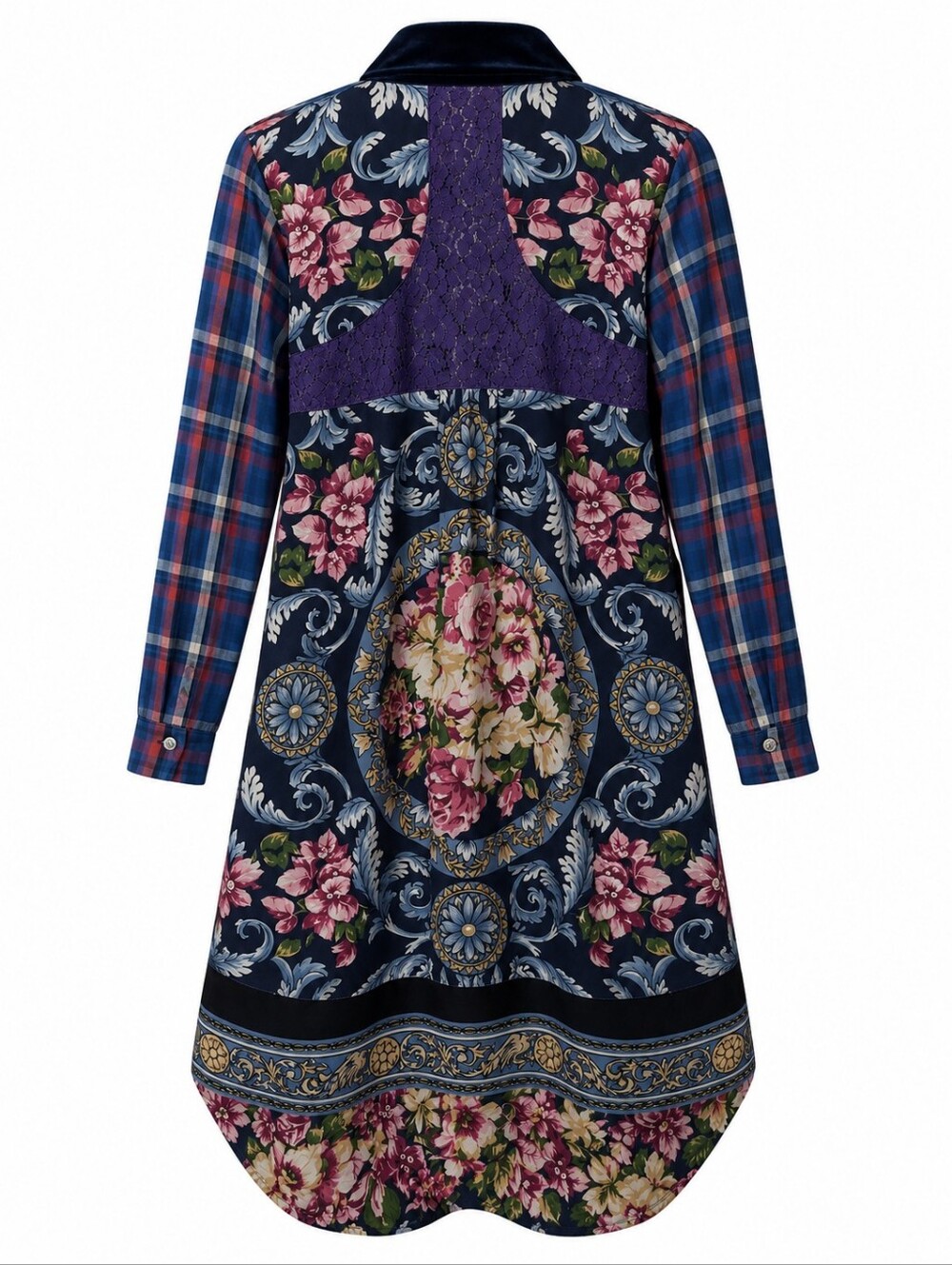 ARATTA Navy Floral & Plaid Mixed-Print Dress with Purple Lace Sz S NWT